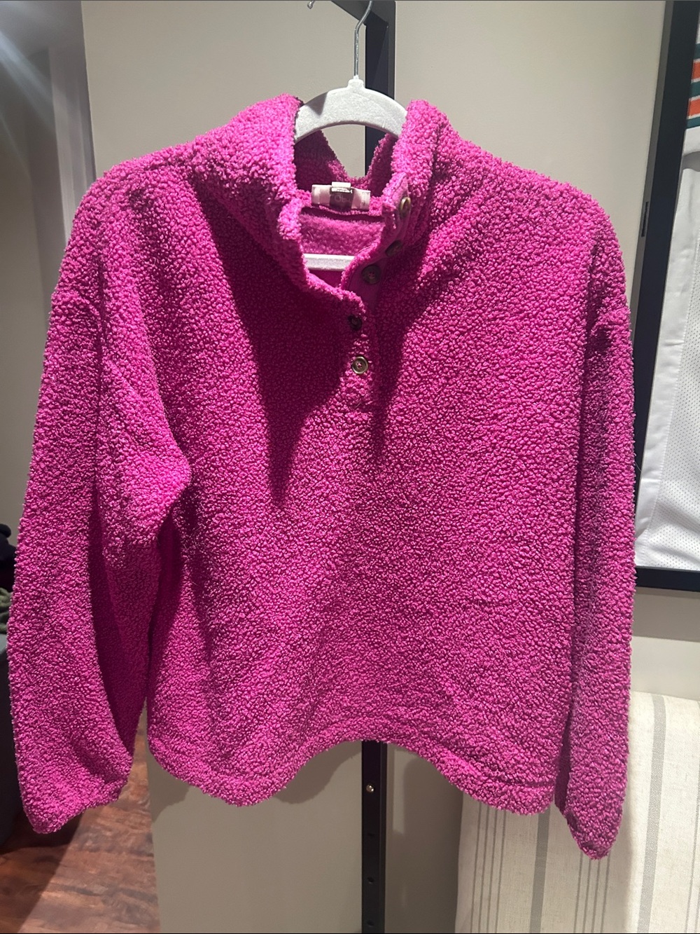 Loft Button-Neck Fuchsia Sherpa Pullover